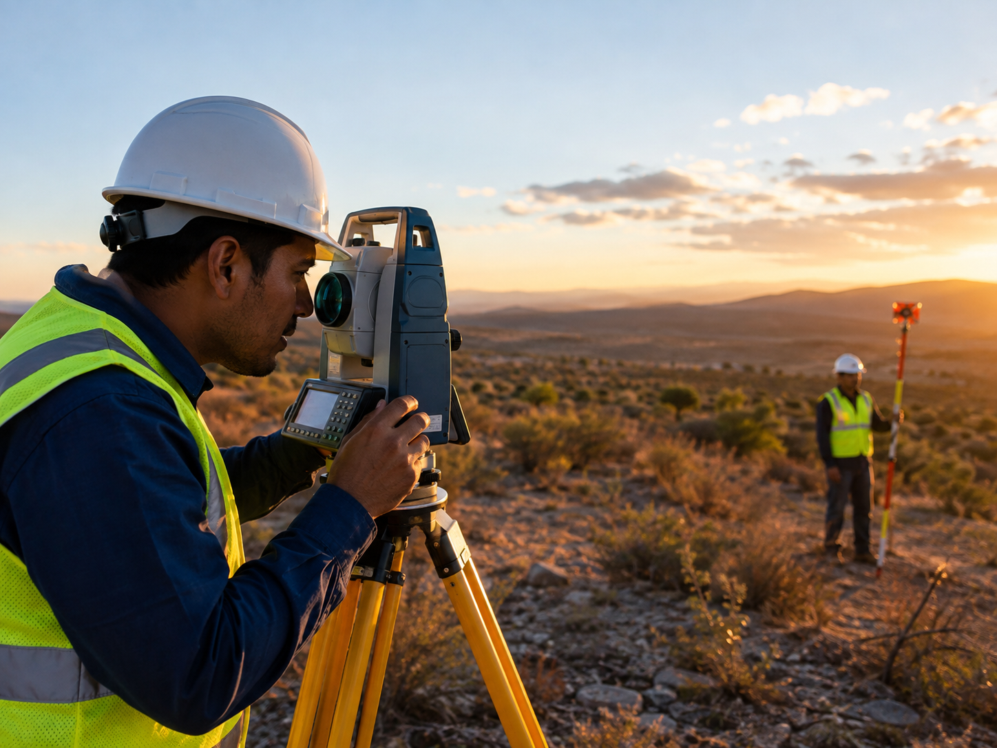 Topógrafo de VERTEX realizando un levantamiento con estación total en campo