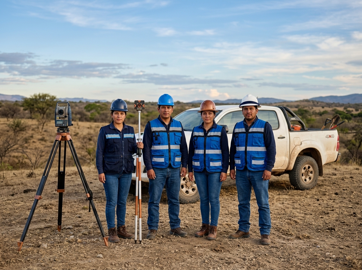 Equipo técnico de VERTEX trabajando en campo con estación total