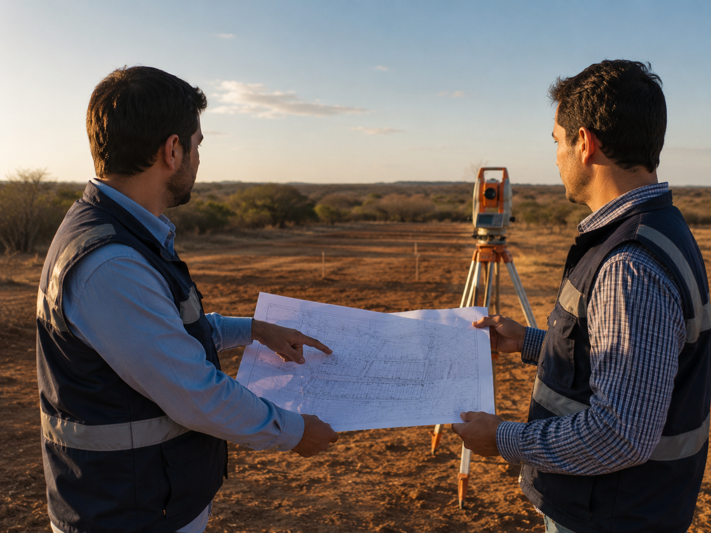 Técnico de VERTEX revisando planos sobre un terreno a urbanizar